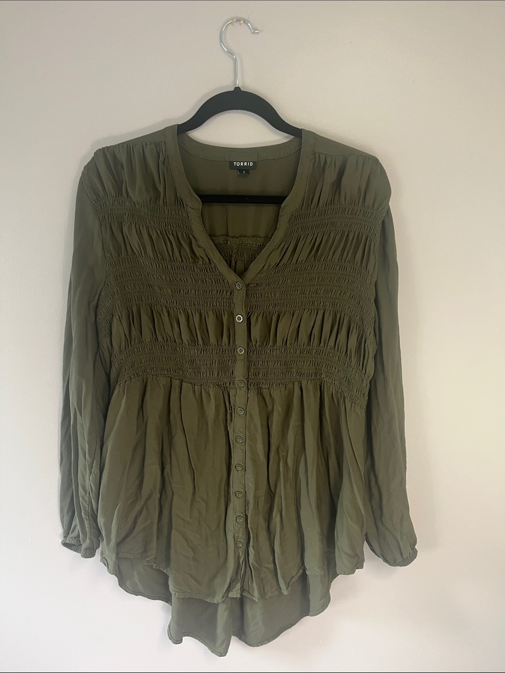 torrid Olive Green Smocked Button-Down Blouse